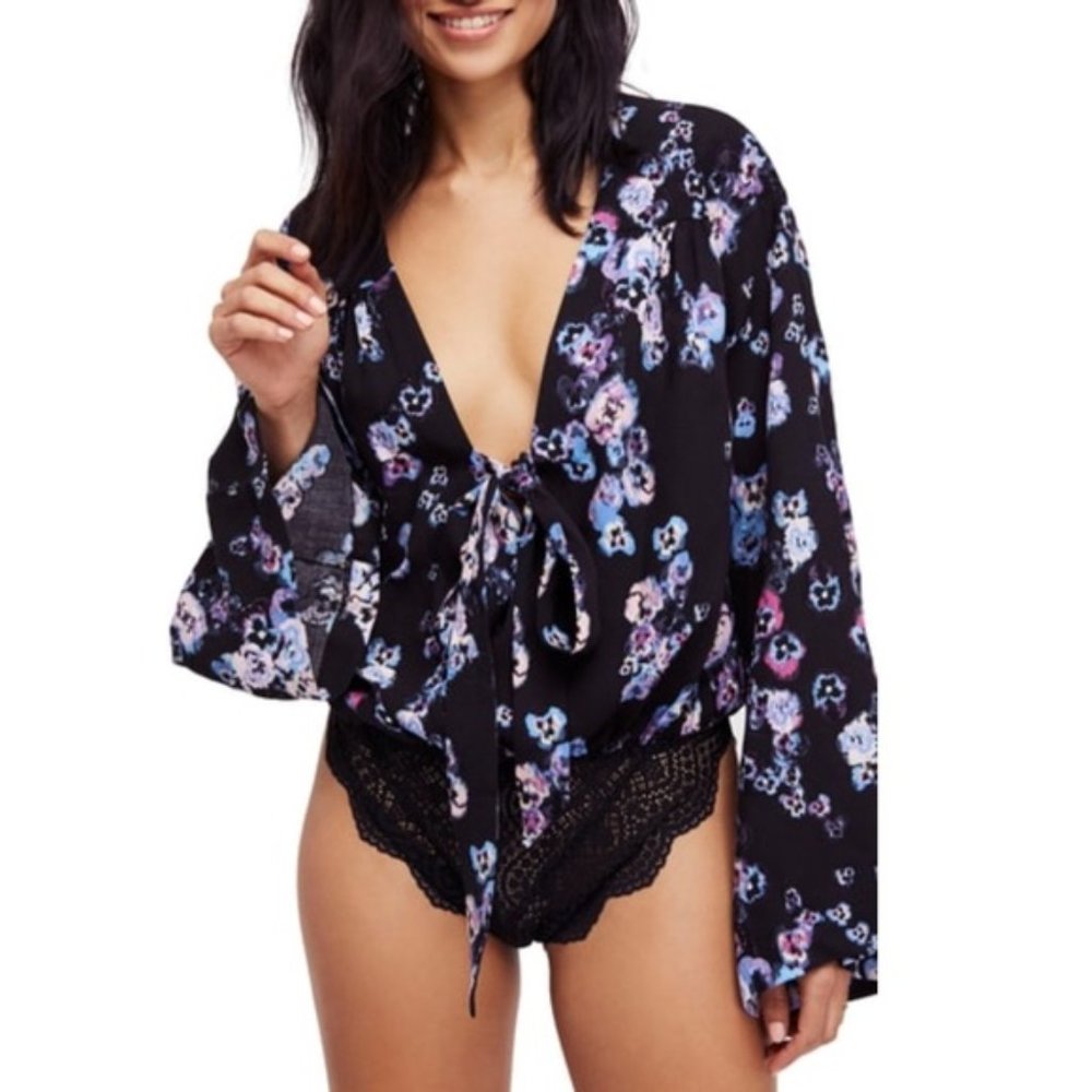 Free People Black Floral Tie-Front Long Sleeve Bodysuit